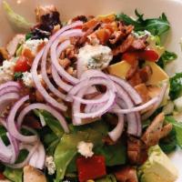 Chicken Cobb Salad · Mixed greens, bacon, onion, corn, avocado, peppers, blue cheese crumbles, apple cider vinaig...