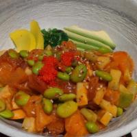 Salmon Rice Bowl · Salmon, avocado, edamame, masago, cucumber, onion with sushi rice or brown rice and special ...