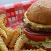 Our Fresh Burger · 6oz. burger with lettuce, tomato, and onion, served on a bun.