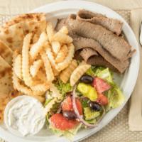 Gyro Platter · Original or chicken gyro. Served with greek salad, pita bread & choice of french fries or ri...