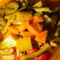Veggie Guvec · Turkish dish made of stewed vegetables & baked in a clay pot.  Served with rice & bulgur