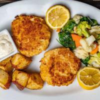 Lump Crab Cakes · Roasted Potatoes, Seasonal Vegetables