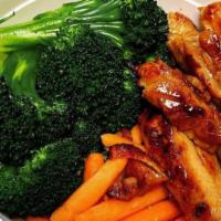 Healthy Bowl · BBQ chicken, carrot, broccoli, teri sauce, and nori furikake.