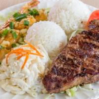 New York Steak & Garlic Shrimp · Your choice of fried shrimp or garlic shrimp. Choose your rice & salad.