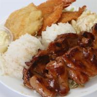 Seafood Combo · Deep fried fish filet, fried shrimp with your choice of teriyaki beef, BBQ chicken, or BBQ s...