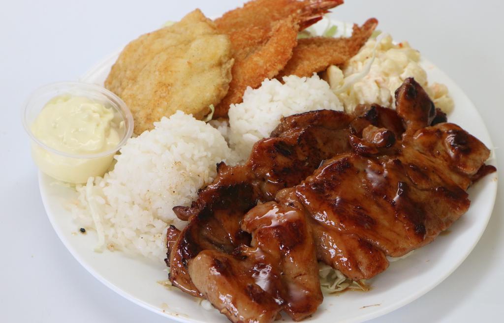 Seafood Combo · Deep fried fish filet, fried shrimp with your choice of teriyaki beef, BBQ chicken, or BBQ short rib. Choose your rice & salad.