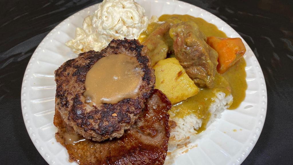 Mixed Plate · Hamburger steak, teri beef steak, and your choice of beef curry, beef stew, or chili. Choose your rice & salad.