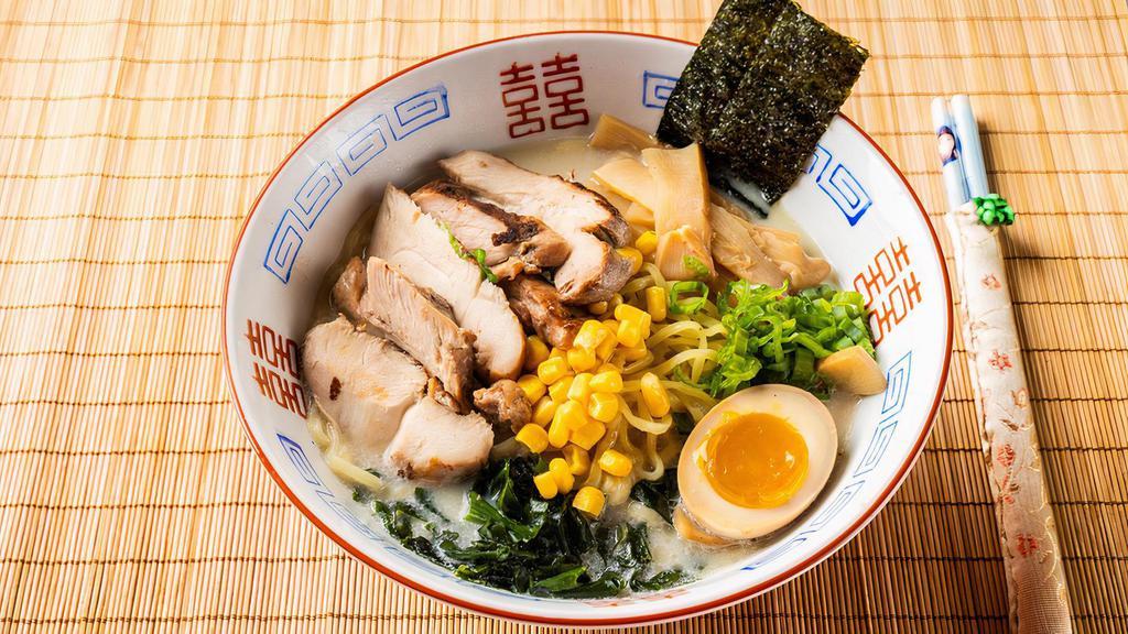 Chicken Ramen · Chicken broth. Includes green onion, bamboo shot, corn, dried seaweed, white garlic oil and marinated soft boiled egg, grilled chicken.
