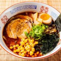 Spicy Miso Ramen · Spicy Miso pork soup Base. Includes green onion, Bamboo shot, Corn, dried seaweed, White gar...