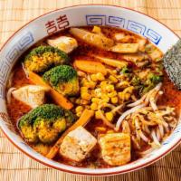 Spicy Vegan Ramen · Spicy Veggie broth topped with assorted veggies. Includes green onion, Bamboo shot, Corn, dr...