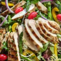 Grill Chicken Salad · Cucumber, tomatoes, green peppers and red onion.