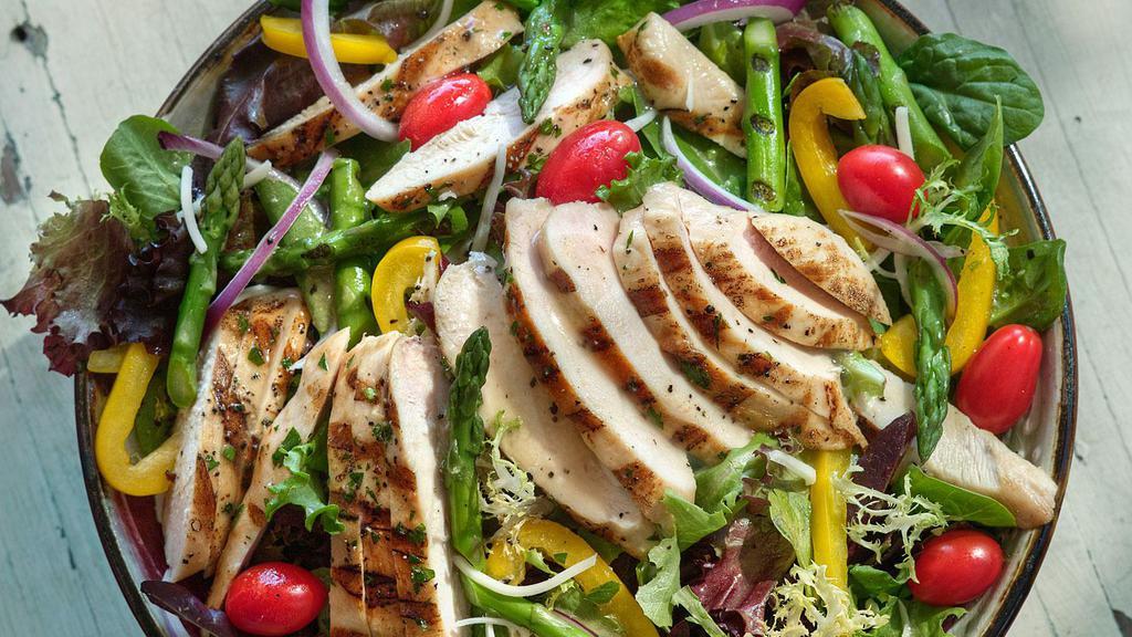 Grill Chicken Salad · Cucumber, tomatoes, green peppers and red onion.