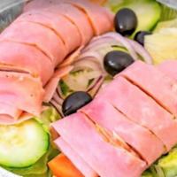 Antipasto Salad · Comes with cucumbers, onions, tomatoes, olives, ham, capicola, salami and provolone cheese.