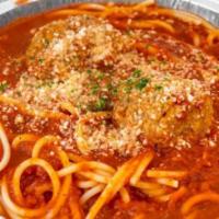 Spaghetti & Meatballs · Spaghetti topped with our homemade meatballs.