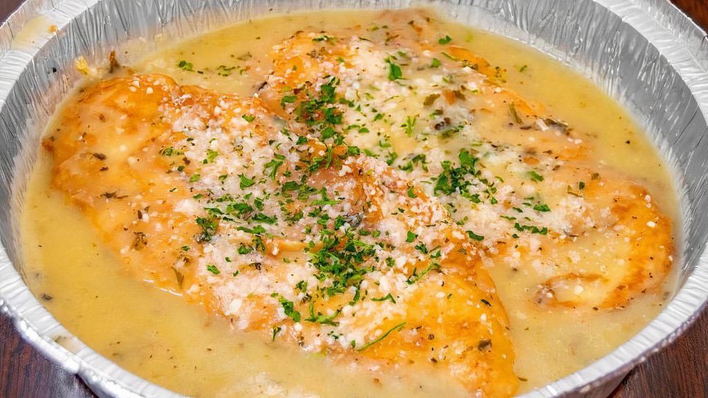 Chicken Francaise · Chicken breast sautéed with white wine, lemon, and butter.
