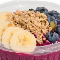 Pink Dragon Bowl · Base Blend: dragonfruit (pitaya), apple juice, banana
Topped with: granola, banana, blueberr...