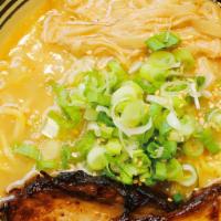Miso Ramen · Dashi-Chicken broth, wavy thin noodle, Aburi pork Chachu, onion, corn, Nori - Japanese dry f...