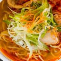 Spicy Karaka · Dashi-chicken broth, wavy thin noodle, topped with homemade spicy oil, chicken karaage, pork...