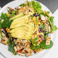 Avocado Salad · Grilled chicken over spring mix, sliced avocado, tomatoes, shredded carrots, corn and shaved...