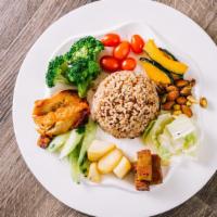 Vegan Braised Pork With Bbq Rib Seven Grains Rice · Braised vegan pork, vegan BBQ rib slices, pumpkin slices, potato chunks, broccoli, cabbage, ...