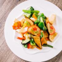 Vegan Mixed Seafood · Vegan fish, vegan scallops, vegan fish cake slices, carrots, broccoli. Snow peas, celery, gr...