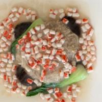 Vegan Crab Meat With Mushrooms · Vegan crab meat, needle mushroom, shanghai bok choy.