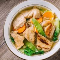 Vegan Duck Noodles · Vegan duck, snow peas, carrots, shanghai bok choy, noodles.
