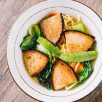 Vegan Fish Noodles · Vegan fish, snow peas, carrots, shanghai bok choy, noodles.