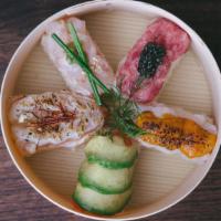 Grab Hand Roll  Set  (5 Pcs) · Toro with caviar, 
Seared Scallop with scallion,
King Salmon and Avocado with yuzu miso, 
Se...