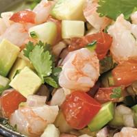 Shrimp Ceviche · Jumbo Shrimp cooked in lime juice, fresh tomato, cucumber, red onion tomato juiceand Chef se...