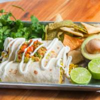 Burritos · Chicken, beef, pork or shrimp wrapped in a hand-made flour tortilla, filled with rice and be...