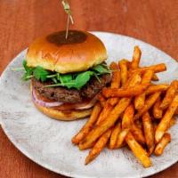 Veggie Burger (6 Oz) · Impossible patty with arugula, tomato, red onion, spicy vegan aioli, and brioche bun. Vegan ...