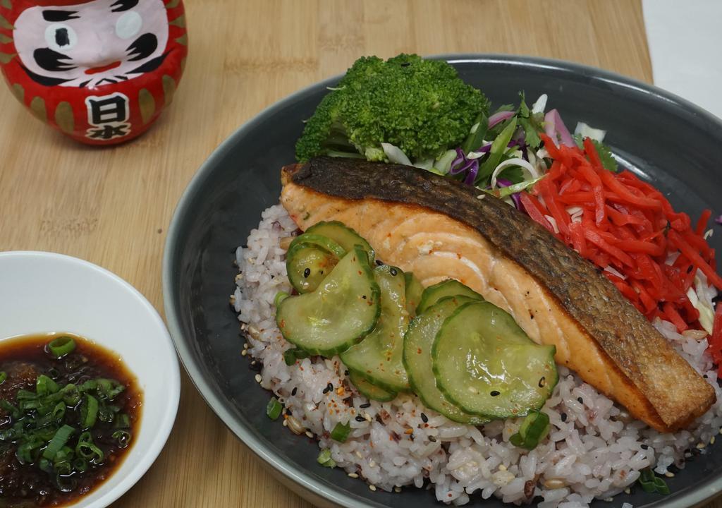 Grilled Salmon With Oroshi Ponzu · Grilled Atlantic salmon with grated daikon, hot rice, pickles, ponzu sauce, and scallion.