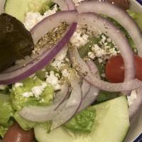 Greek · Gluten-Free. Classic Greek salad with lettuce, tomatoes, cucumbers, olives, red onions, feta...