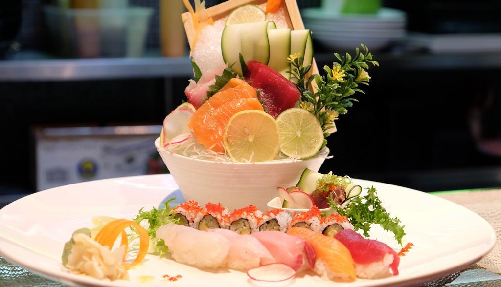 Sushi & Sashimi For 1 · Five pieces sushi, 10 pieces sashimi, and California roll. Served with salad or soup.