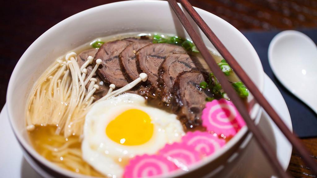 Beef Ramen · Beef, egg, and vegetable in miso or soy broth. Served with salad. Choice of miso paste or soy paste.