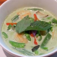 Green Curry Casserole · Okra, pepper, eggplant, and peas sauteed. Served with white or brown rice and choice of sala...