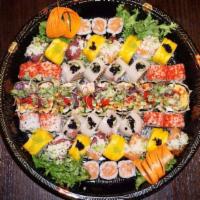 Sushi Bar Party Tray A · Godzilla roll, crazy yellowtail roll, tropical roll, out of control roll, California roll, a...
