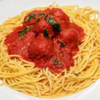 Spaghetti & Meatballs · The meatballs are made from 100% ground beef mixed with hearty house made marinara sauce ser...