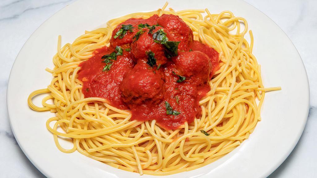 Spaghetti & Meatballs · The meatballs are made from 100% ground beef mixed with hearty house made marinara sauce served with parmesan and herbs on classic spaghetti.