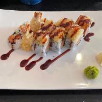 Pacific Roll · Spicy tuna and cucumber topped shrimp tempura and eel sauce