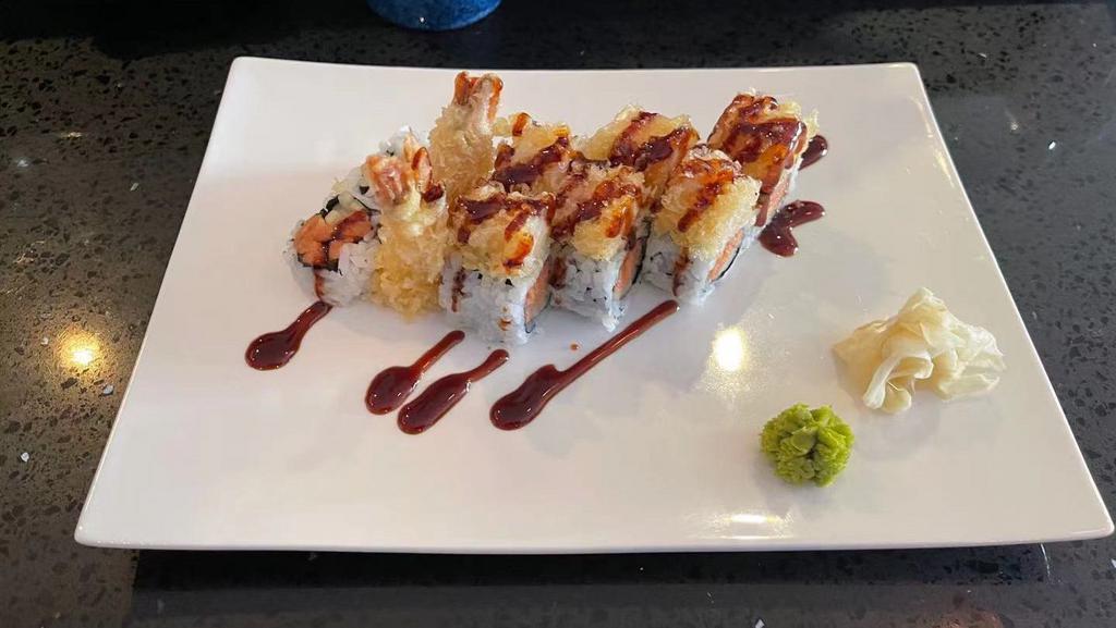 Pacific Roll · Spicy tuna and cucumber topped shrimp tempura and eel sauce