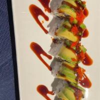 Dragon Roll · Eel and cucumber topped with avocado eel sauce and masago.