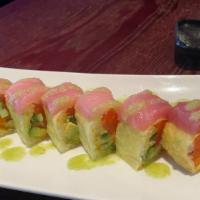Jalapeño Salmon Roll · Salmon jalapeño scallion and masago wrapped in soy paper and topped yellowtail a jalapeño dr...