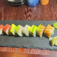 Rainbow Roll · California roll topped tuna, salmon, white fish avocado.