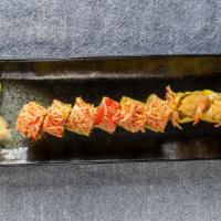 Super Rain Roll · Shrimp tempura, spicy tuna and a house made guacamole wrapped in soy paper with spicy crab s...
