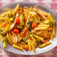 Penne Riverdale With Grilled Chicken · Penne pasta with broccoli, grape tomatoes, and garlic
