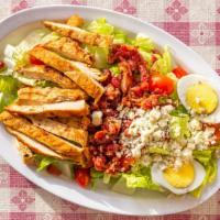 Cobb Salad · Romaine lettuce, grilled chicken, grape tomatoes, bacon, Gorgonzola cheese, and a hard boile...