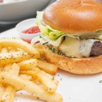 Classic Cheese Burger · With lettuce, tomato and onions.