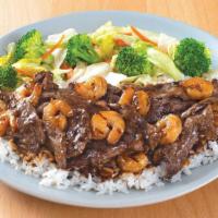 Beef & Shrimp Teriyaki · Tasteful juicy beef & shrimp teriyaki with vegetables on the rice.
